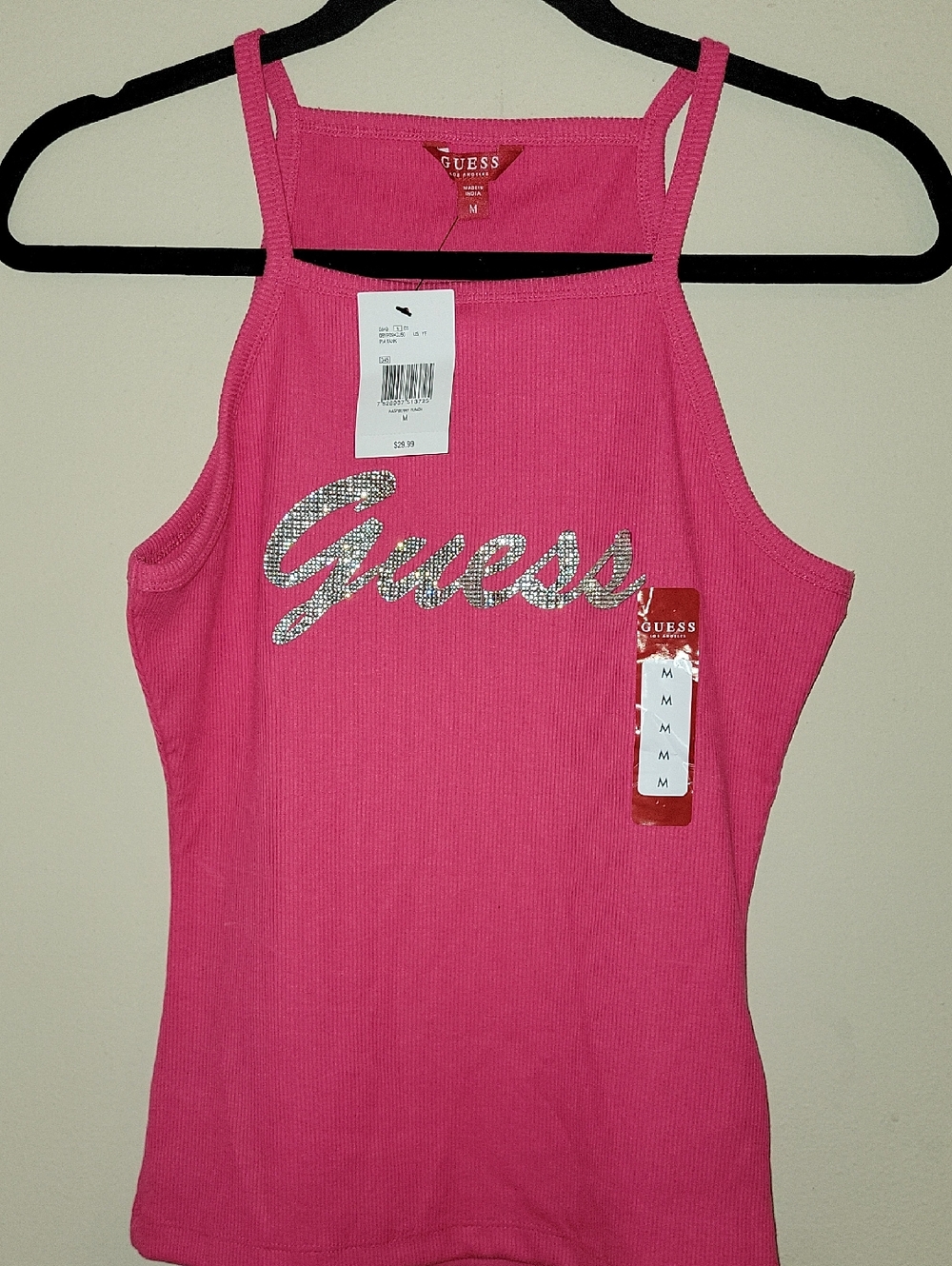 GUESS Hot Pink Rhinestone Logo Ribbed Tank